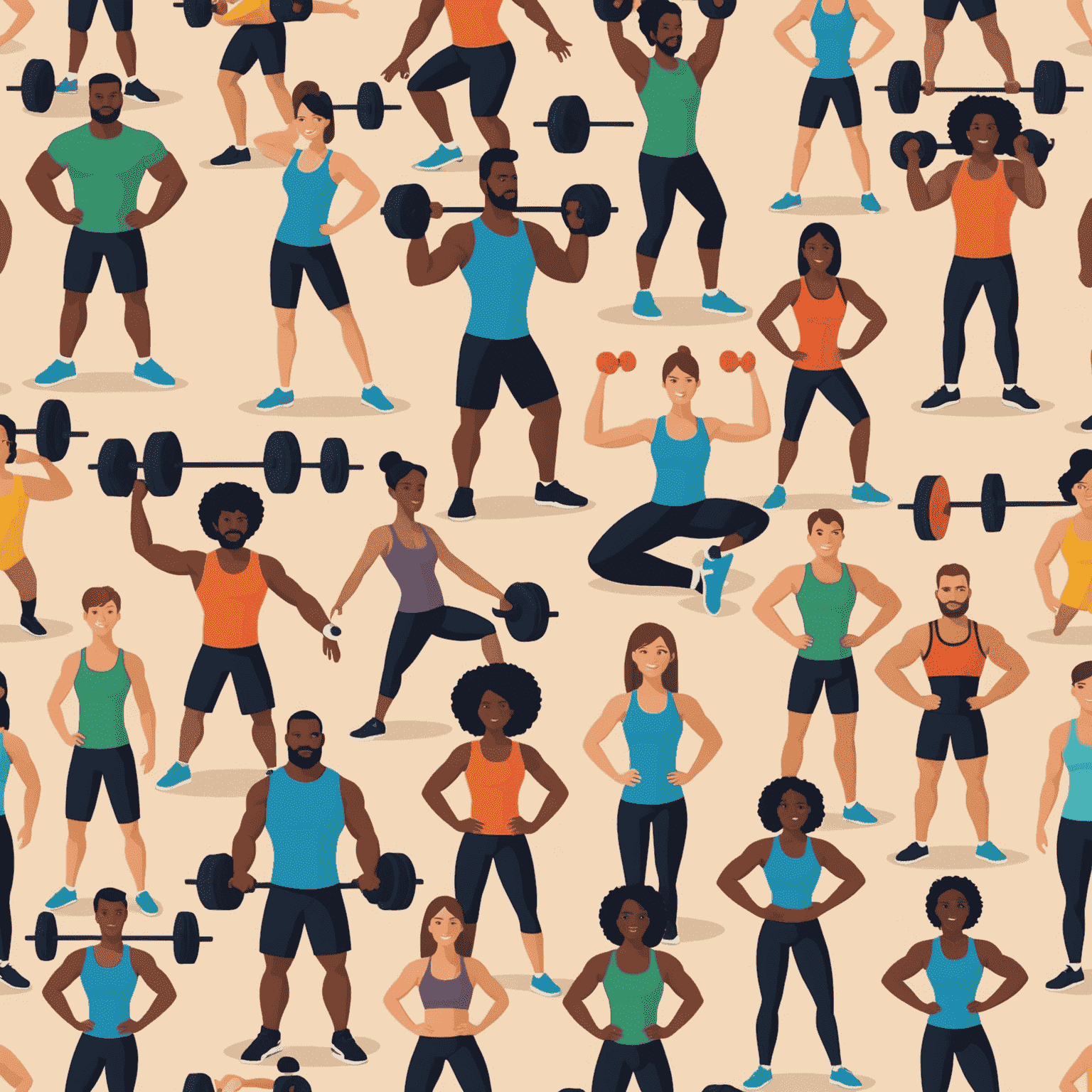 A diverse group of people engaged in various fitness activities, including weightlifting, yoga, and cardio exercises, showcasing the range of fitness programs offered