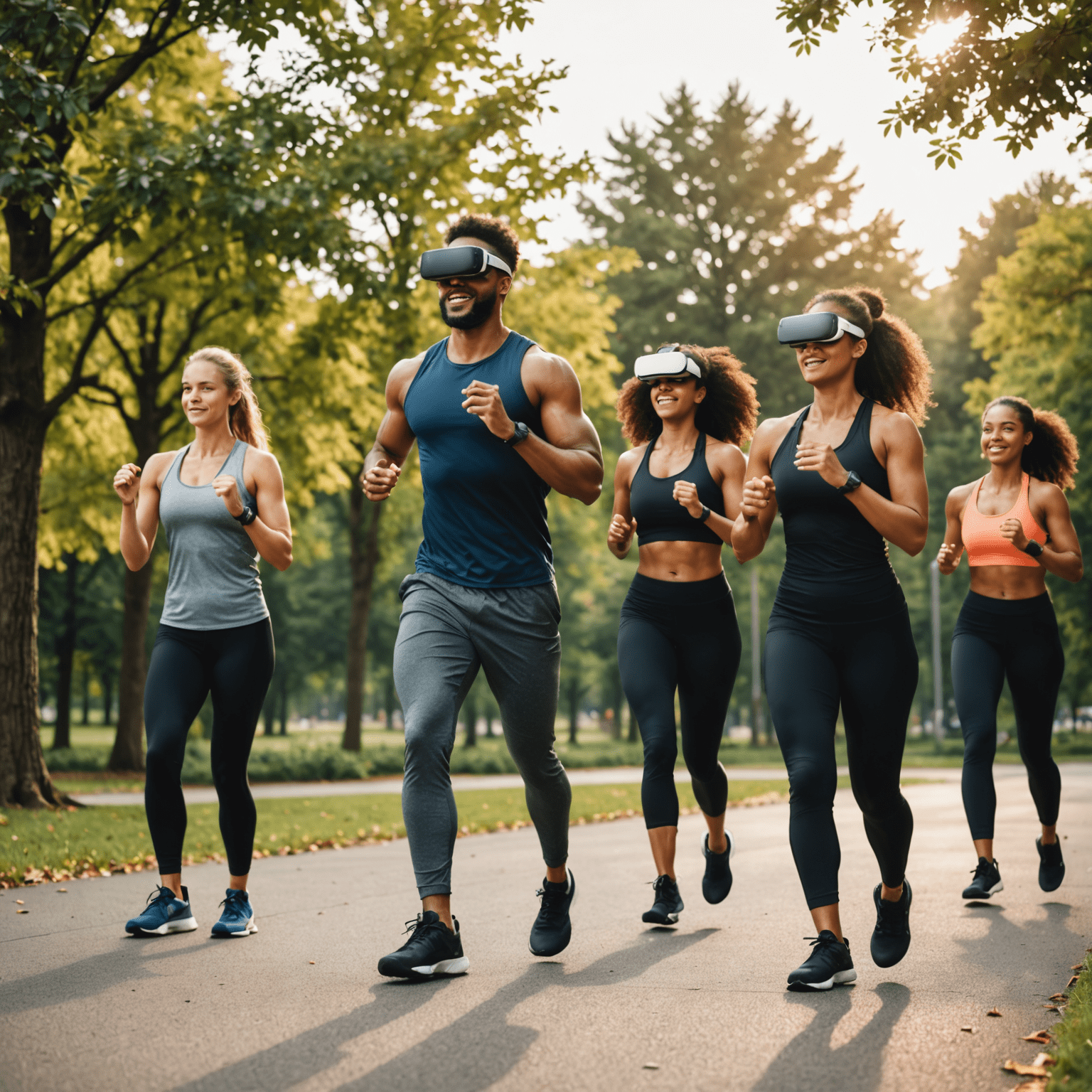 Diverse group of people engaging in various modern fitness activities, including high-intensity interval training, virtual reality workouts, and outdoor group exercises