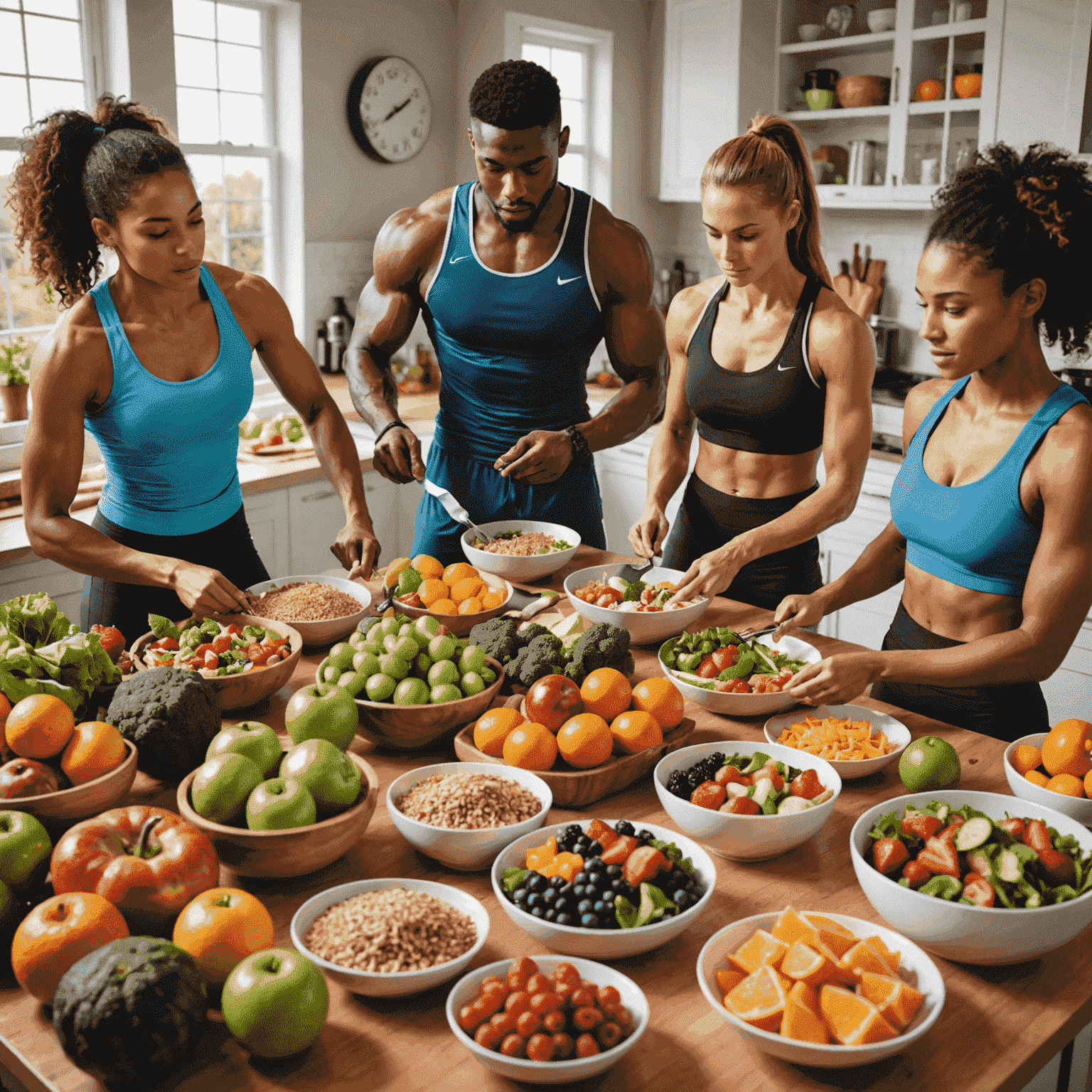 A diverse group of athletes preparing healthy meals with colorful fruits, vegetables, lean proteins, and whole grains. The image showcases various sports equipment in the background, emphasizing the connection between nutrition and athletic performance.