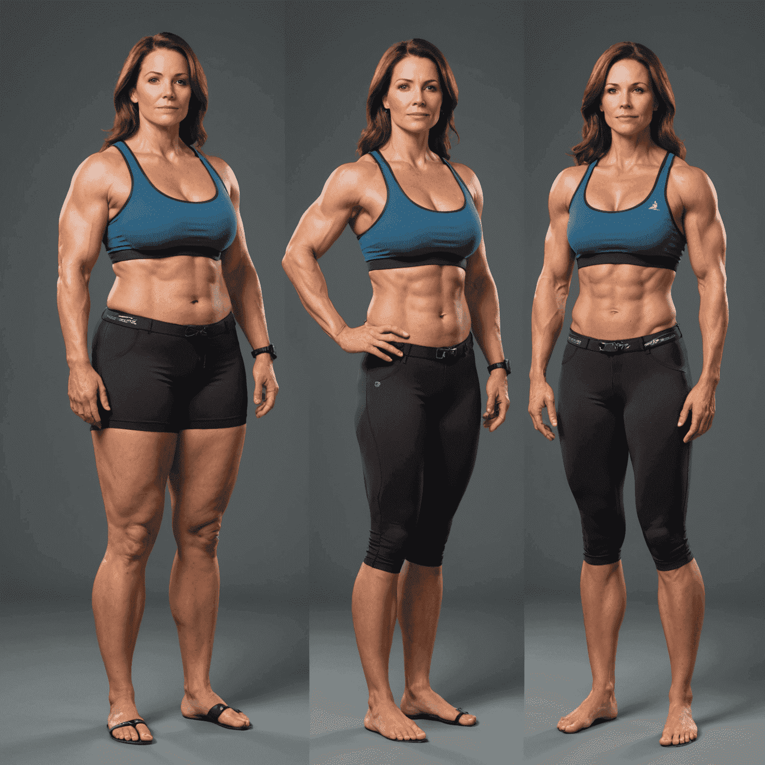 Before and after photos of Sarah, showing significant weight loss and muscle definition improvement