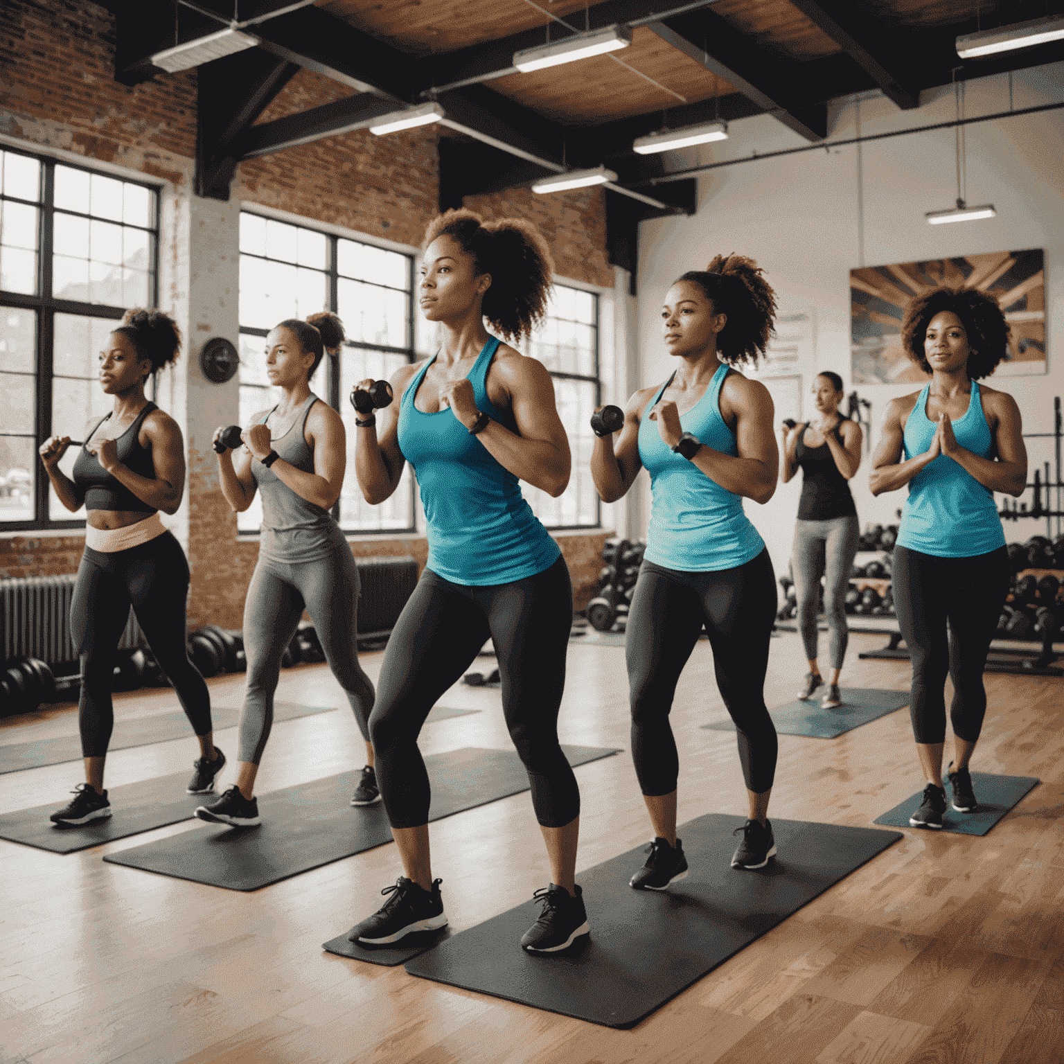 A diverse group of people engaging in various fitness activities, including weightlifting, yoga, and cardio exercises, showcasing the range of services offered