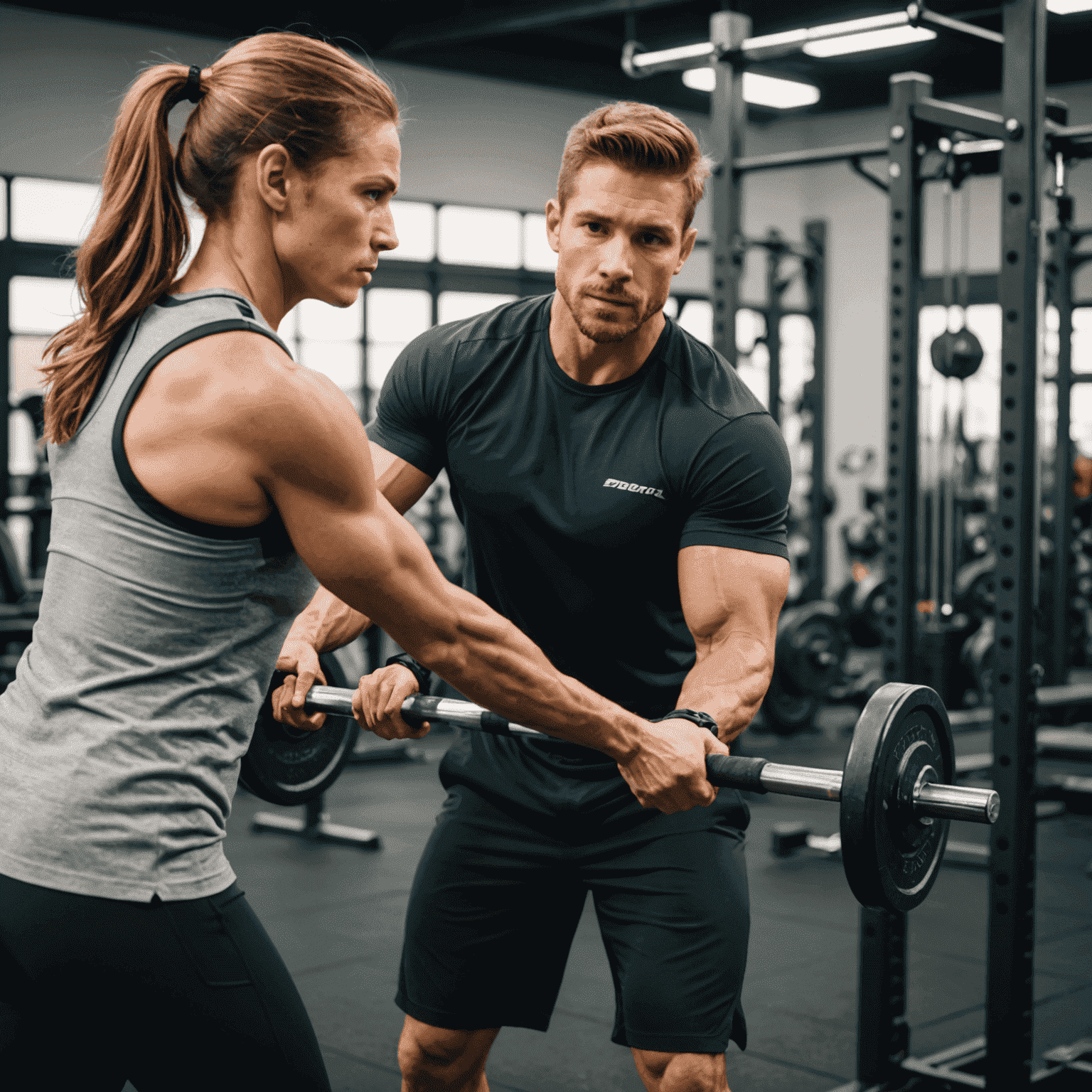 A personal trainer guiding a client through a strength training exercise, demonstrating proper form and technique