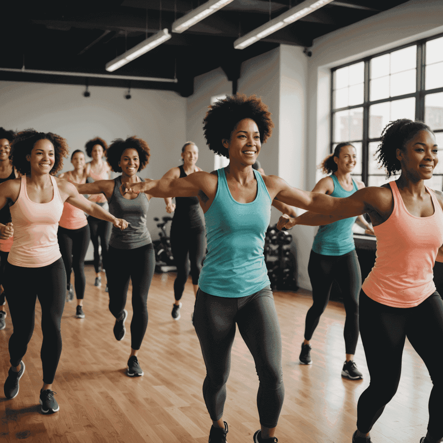 A diverse group of people participating in a high-energy group fitness class, with a motivating instructor leading them through various exercises