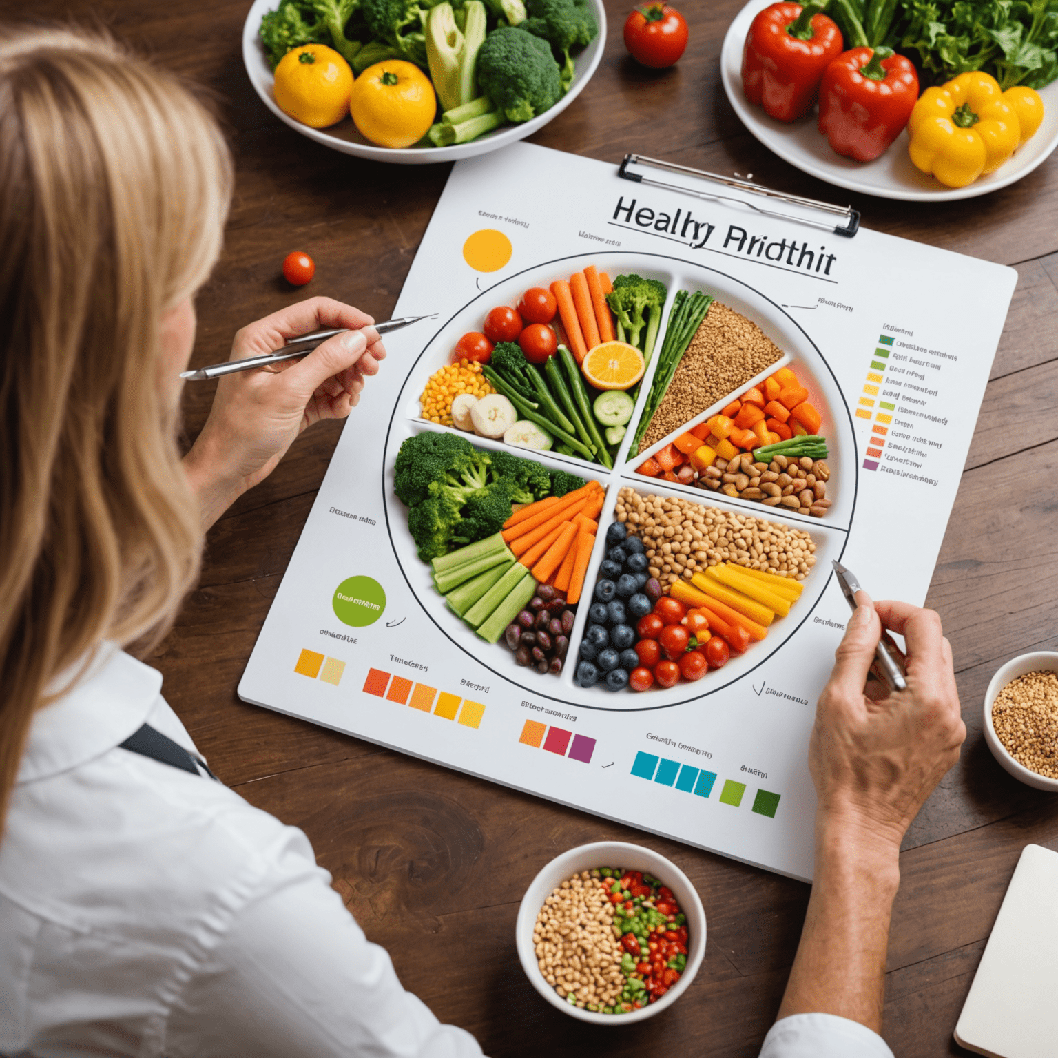 A nutritionist consulting with a client, discussing a colorful plate of healthy foods including vegetables, lean proteins, and whole grains. The nutritionist is pointing to a food pyramid chart.