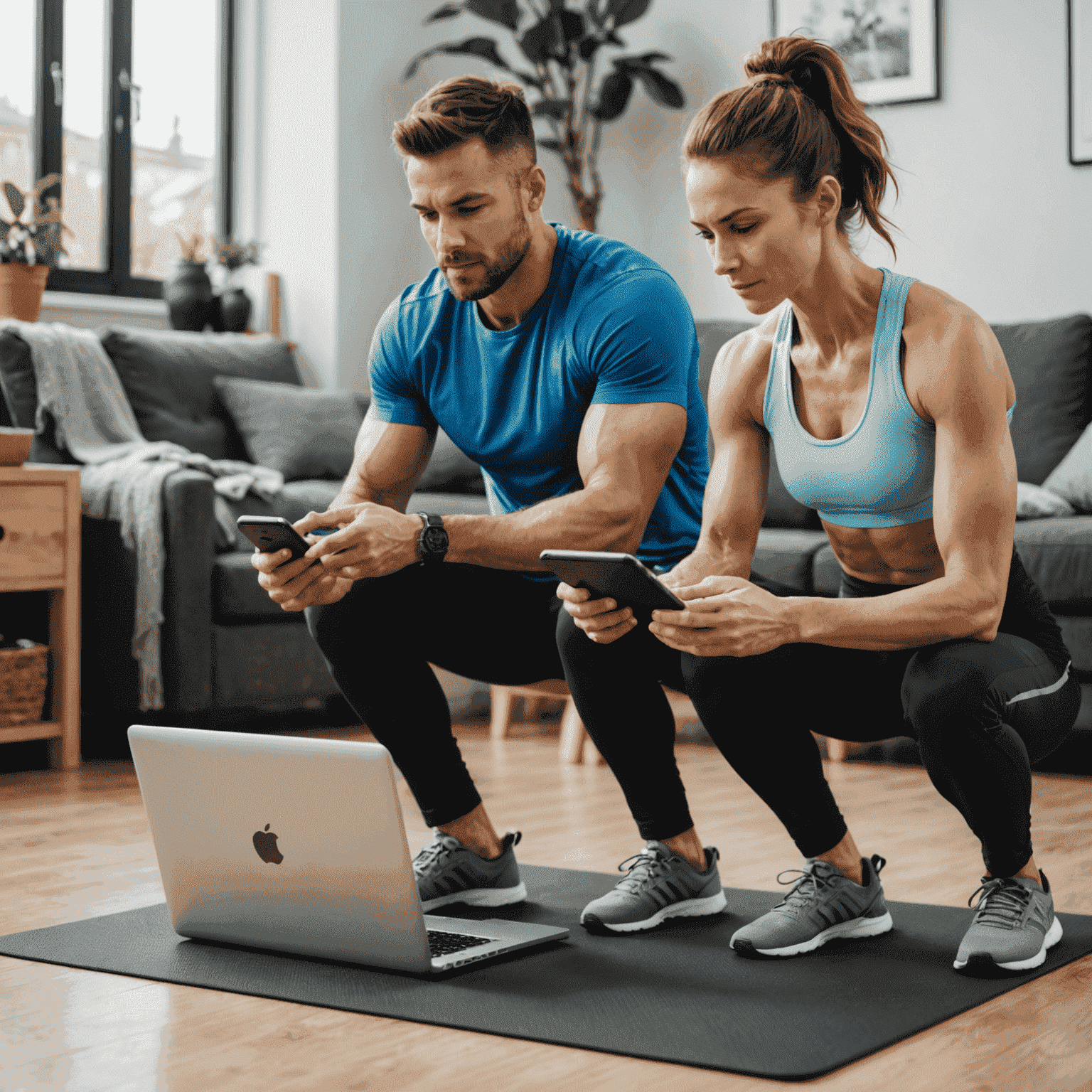 A fitness coach conducting an online training session with a client. The coach is demonstrating exercises while the client follows along on their device in a home setting.
