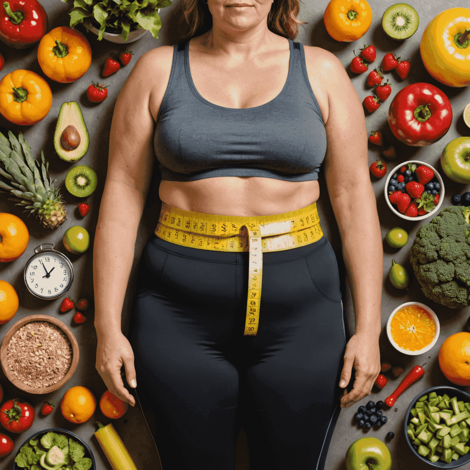 A person measuring their waist with a tape measure, surrounded by healthy foods and exercise equipment, symbolizing a comprehensive weight loss program