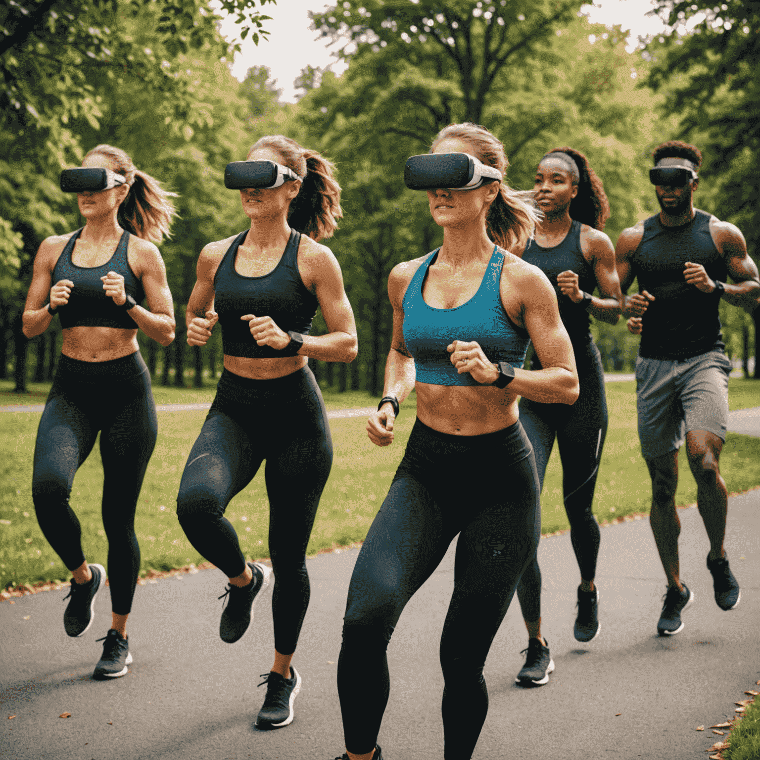 Various people engaging in new fitness activities like HIIT, virtual reality workouts, and outdoor group exercises