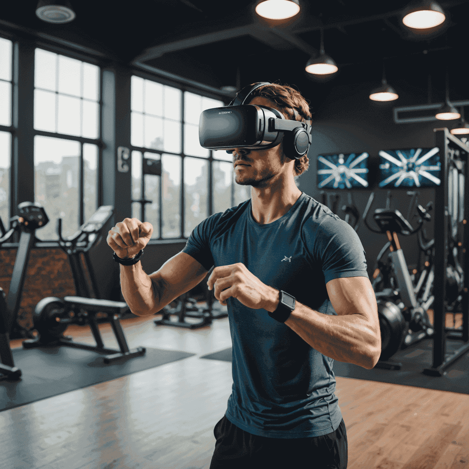 Person wearing VR headset engaged in an immersive fitness experience, surrounded by virtual workout environment