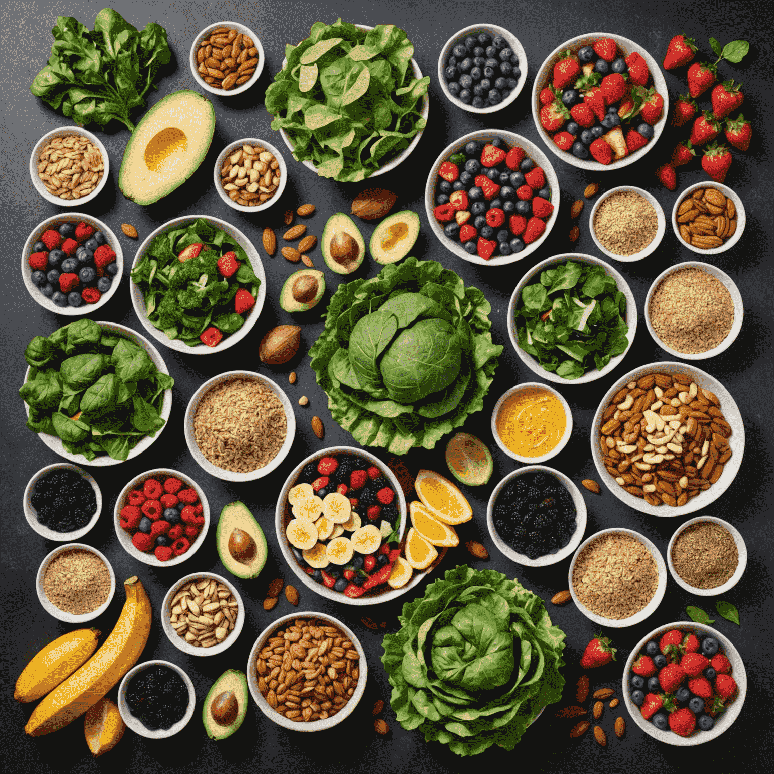 A vibrant spread of nutrient-dense foods including leafy greens, berries, nuts, seeds, lean meats, and whole grains. The image is arranged to show the variety and balance needed in an athlete's diet.