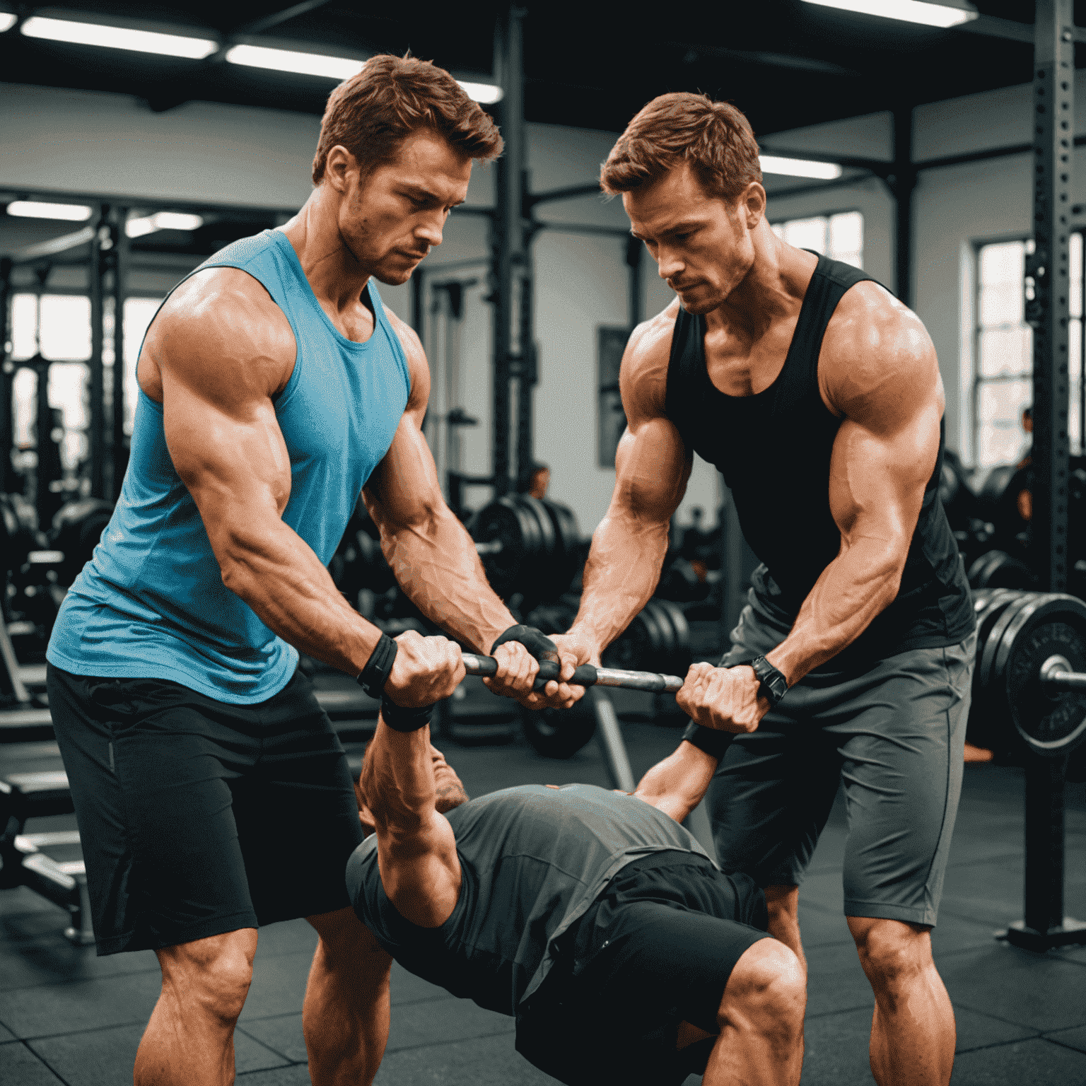 A personal trainer guiding a client through a weightlifting exercise, demonstrating proper form and technique