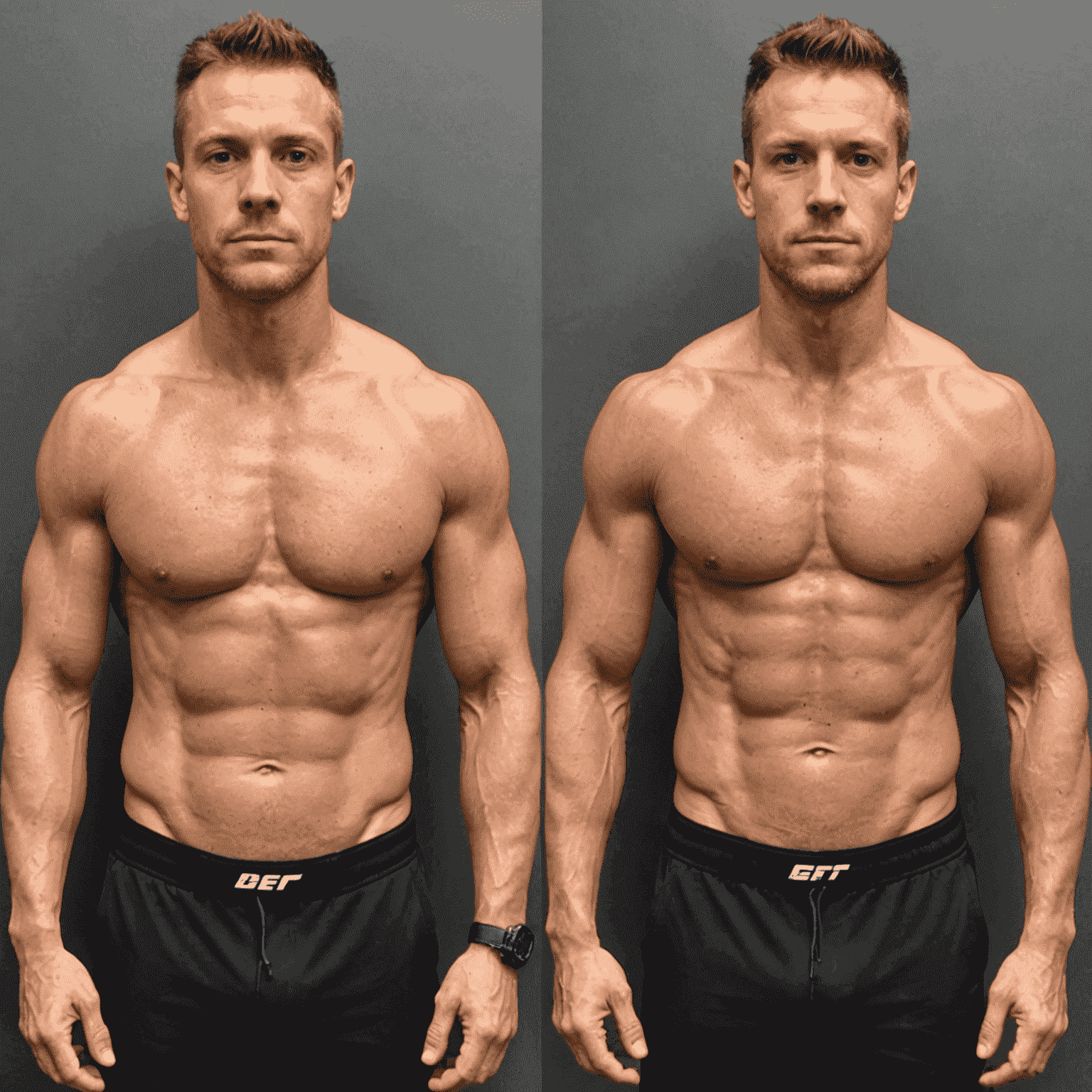 Before and after images of a client who has undergone a significant body transformation through personal training, showcasing improved muscle definition and reduced body fat