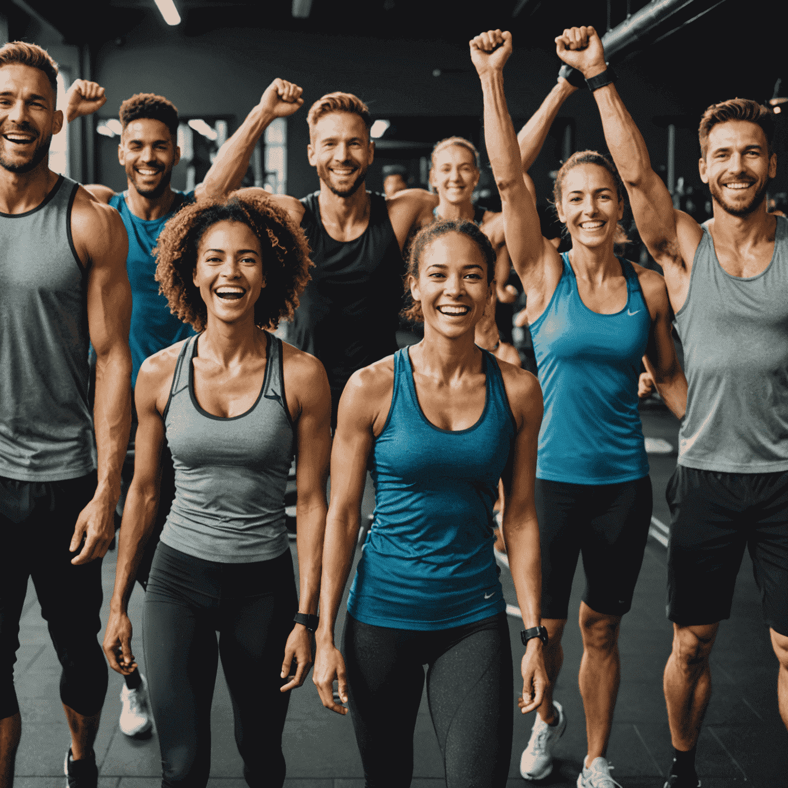 A group of participants celebrating after completing an intense workout session, showing joy and a sense of accomplishment