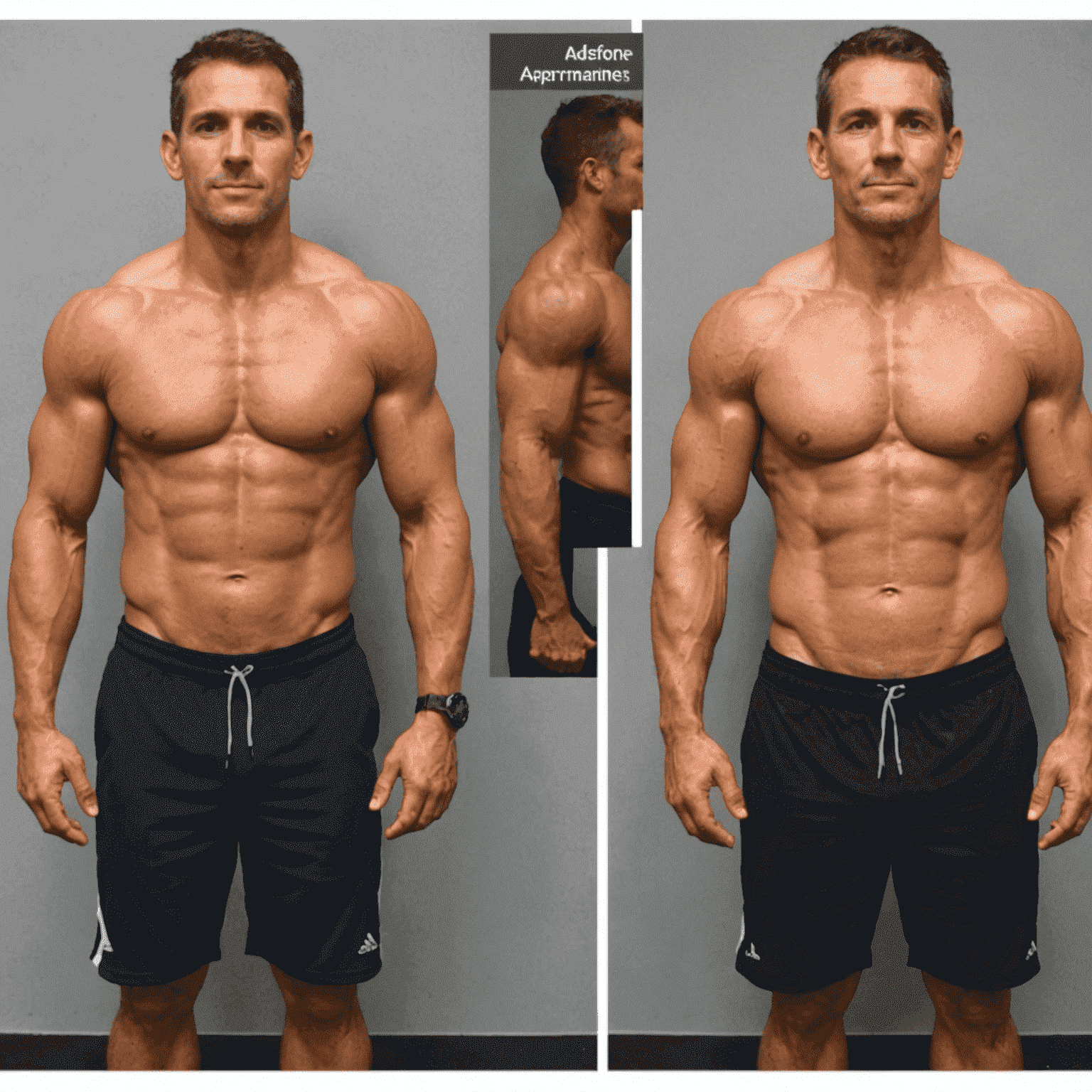 A before and after image of a client who has achieved significant body transformation through nutrition counseling. The image shows improved muscle definition and overall healthier appearance.