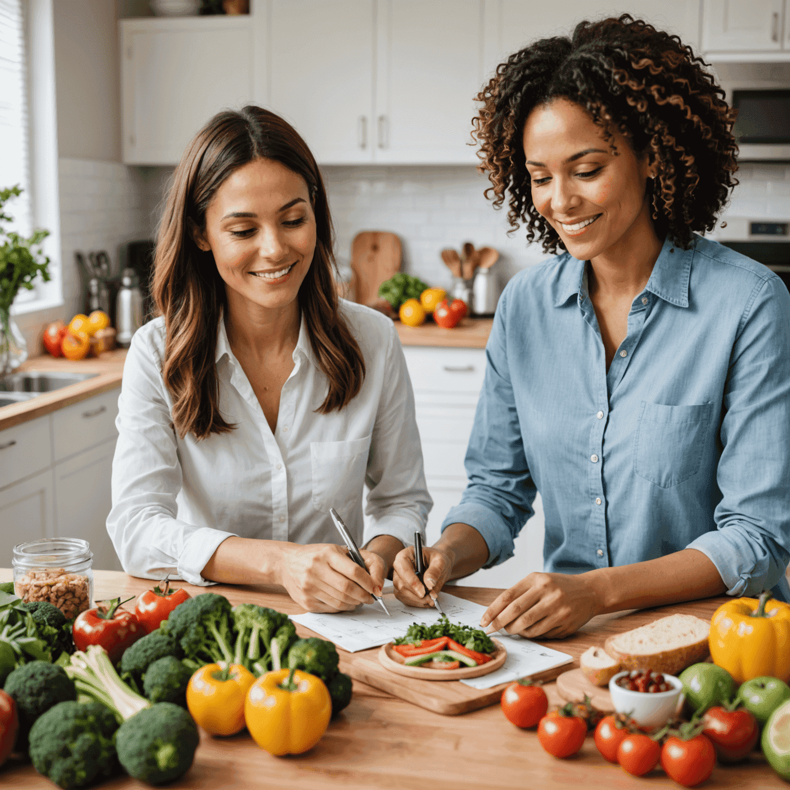 Nutritionist working with a client, analyzing personalized meal plans and discussing healthy food choices