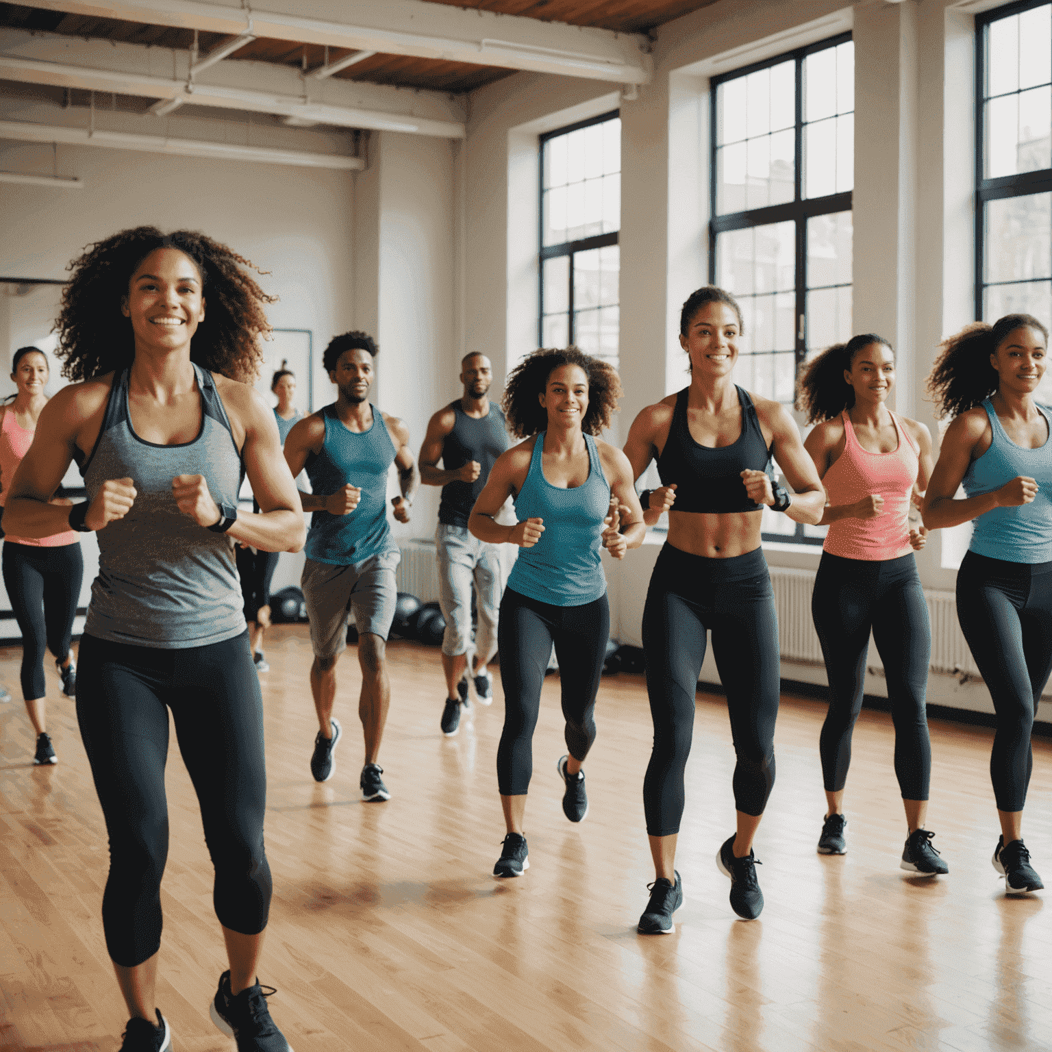A diverse group of people participating in a high-energy fitness class, with an instructor leading at the front