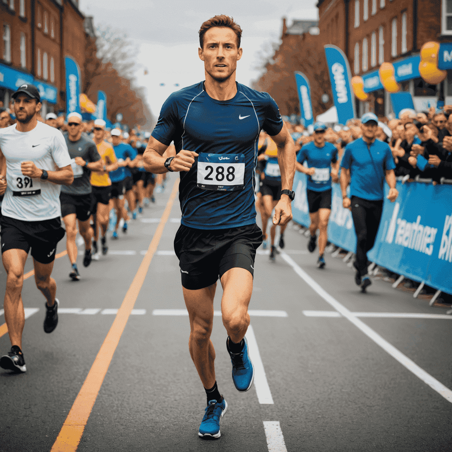 Photos of Tom training and crossing a marathon finish line