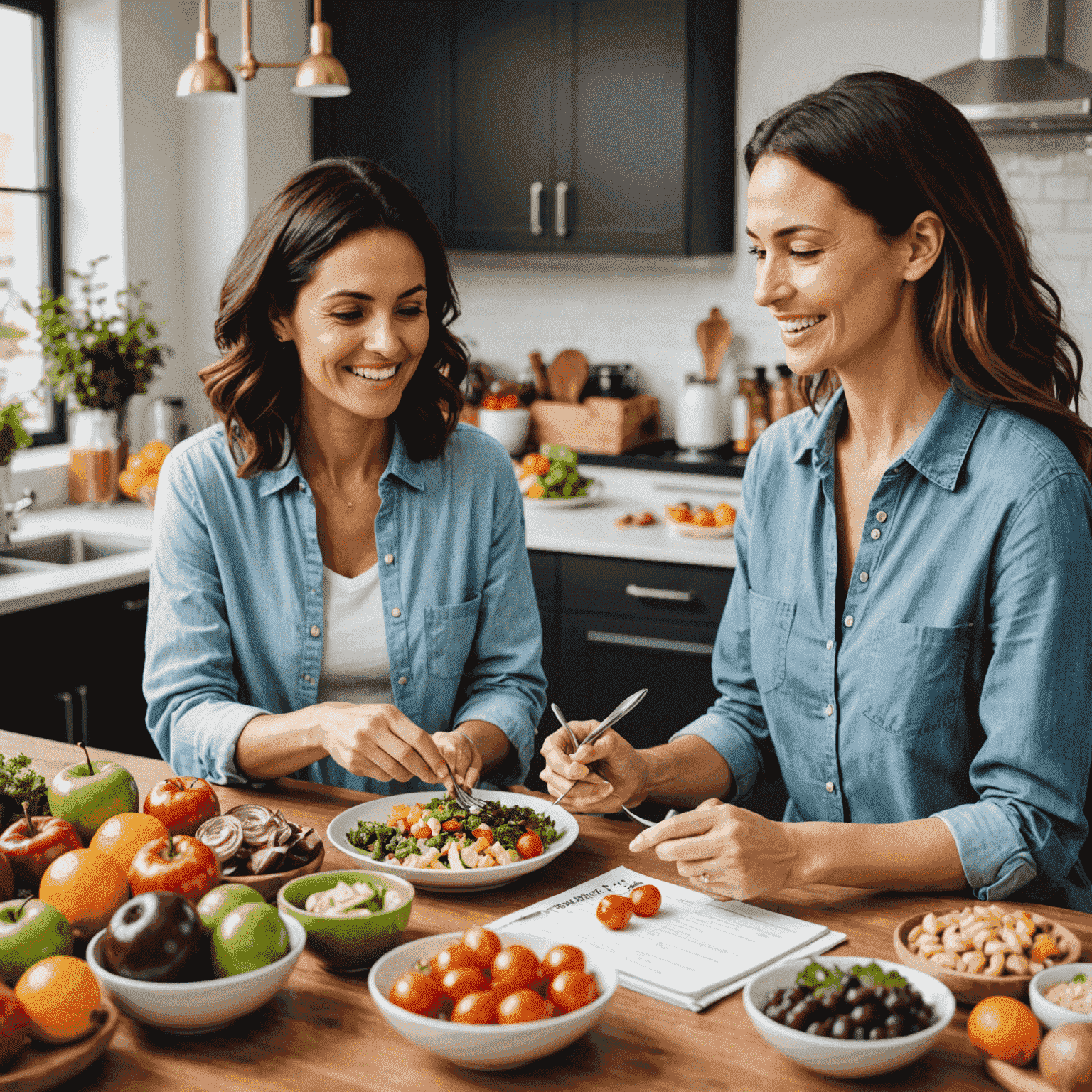 A nutritionist discussing a personalized meal plan with a client, surrounded by healthy food items