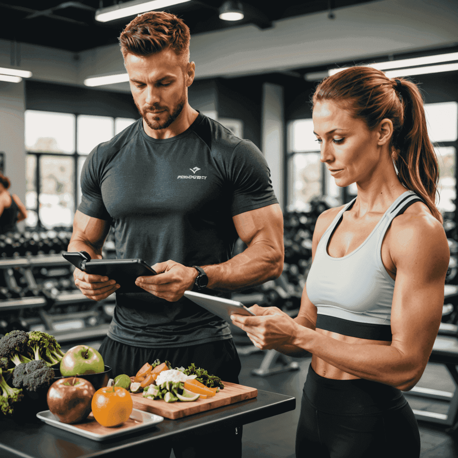 A personal trainer reviewing a customized nutrition plan with a client, emphasizing the importance of diet in achieving fitness goals