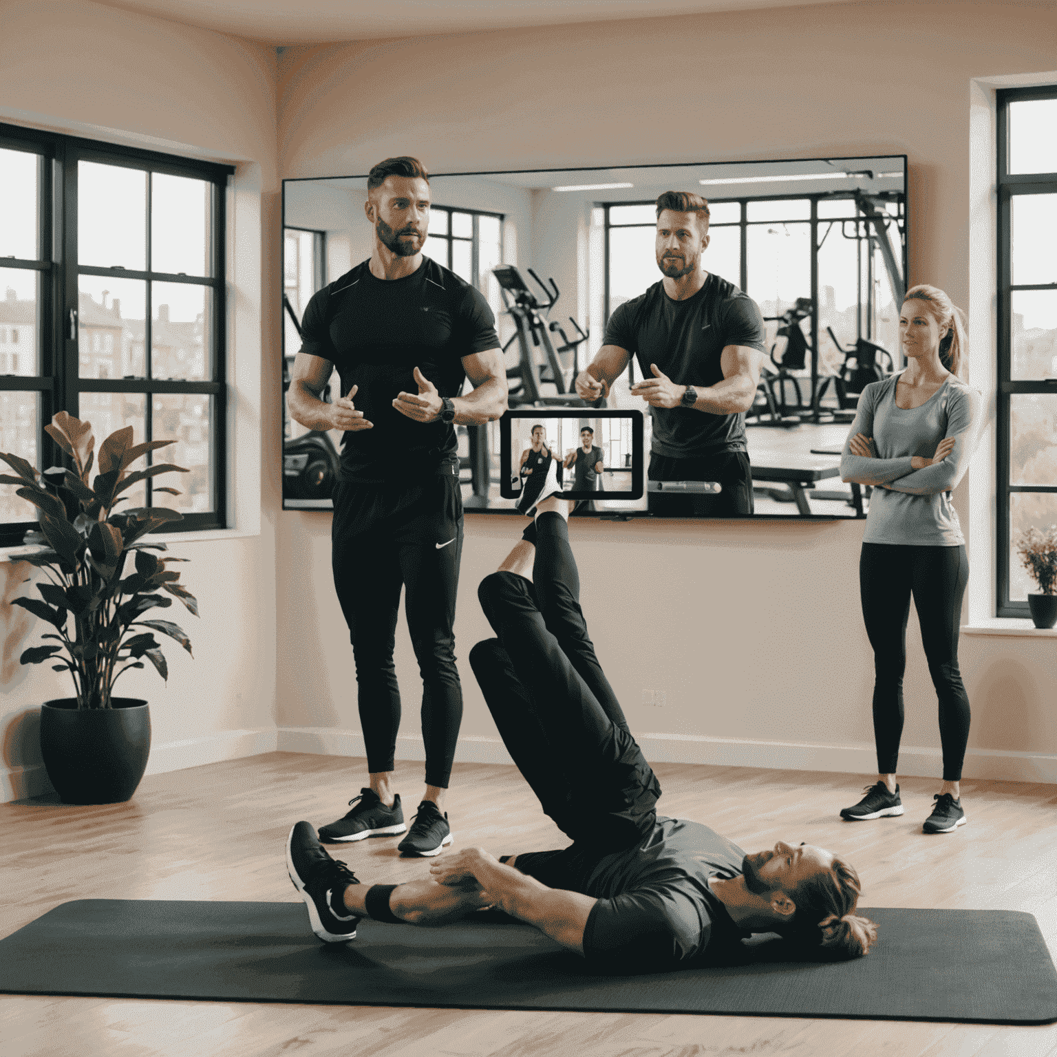 A fitness coach conducting a virtual training session with multiple clients on a large screen